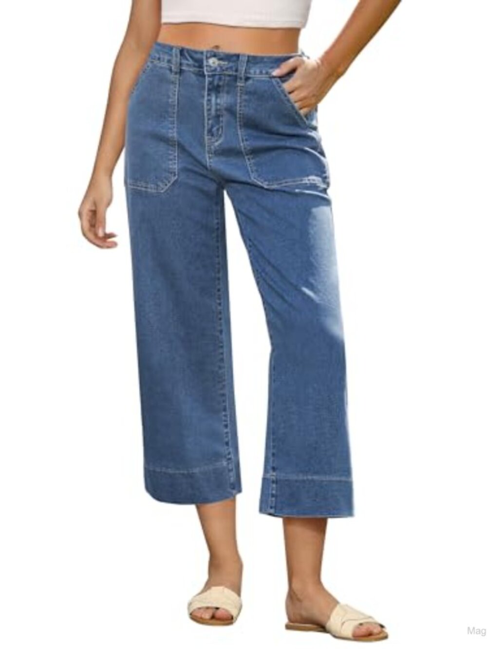High Waisted Capri Jeans Women Wide Leg Stretchy Straight Cropped Denim Pockets